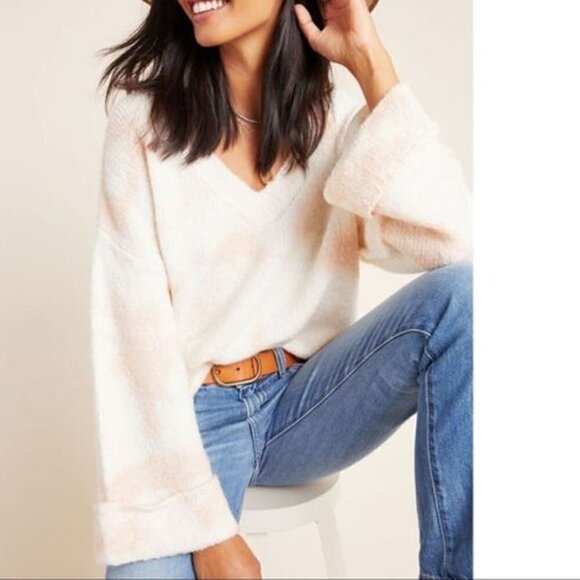 Anthropologie Maggie Oversized V-Neck Pink Cream Pullover Sweater Women's Medium - Picture 5 of 13
